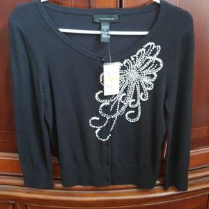 Black cardigan sweater with white pearl beading